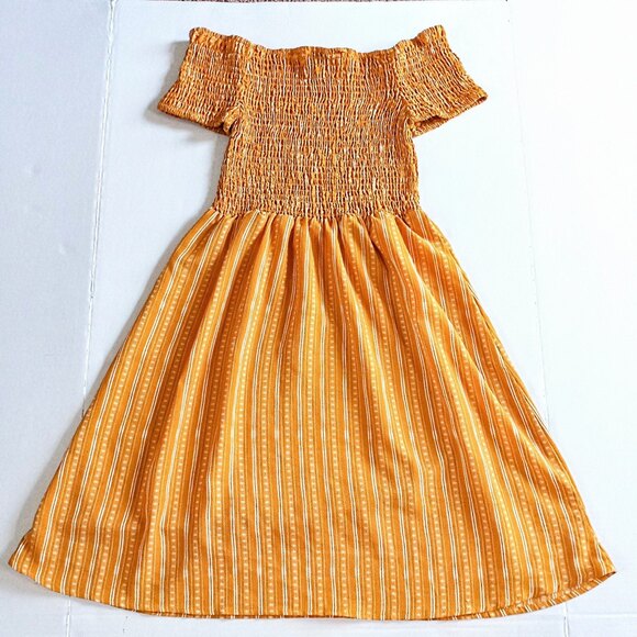 Rue21 Medium Off Shoulder Sundress-Mustard Striped-Smocked Bodice - Boho - Picture 5 of 6
